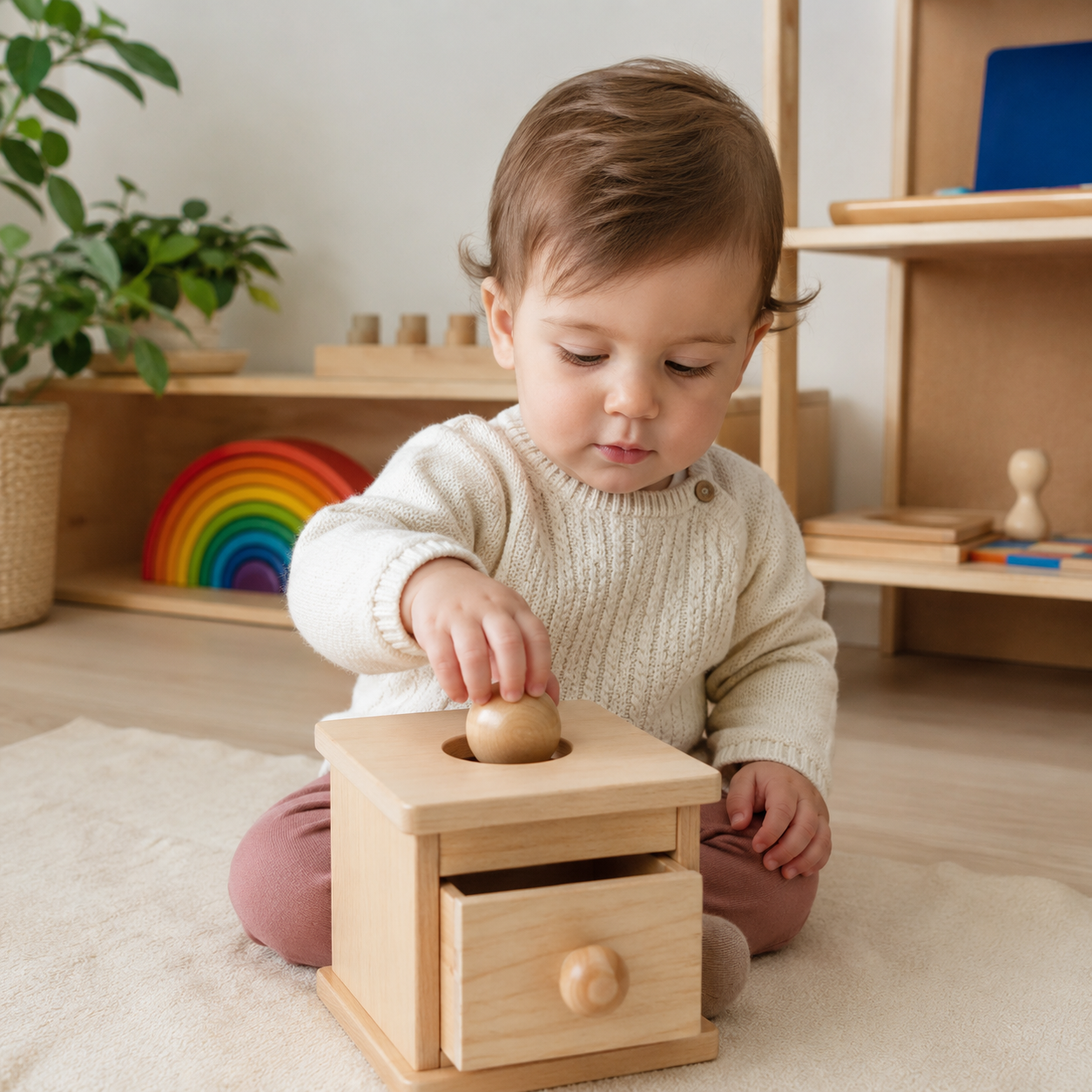 Bébé explore ici la boîte de permanence avec la boule et le tiroir. Il introduit la boule dans l'orifice et elle disparait dans le tiroir qu'il peut tirer pour aller récupérer la boule et recommencer. Attention ici plusieurs difficultés, l'enfant est déjà assis beaucoup plus grand, donc en fonction des observations de l'Adulte, il peut le réaliser.